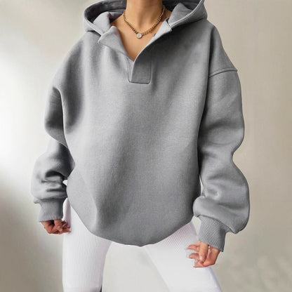 Relaxed Fit Women's V-neck Hooded Sweatshirt