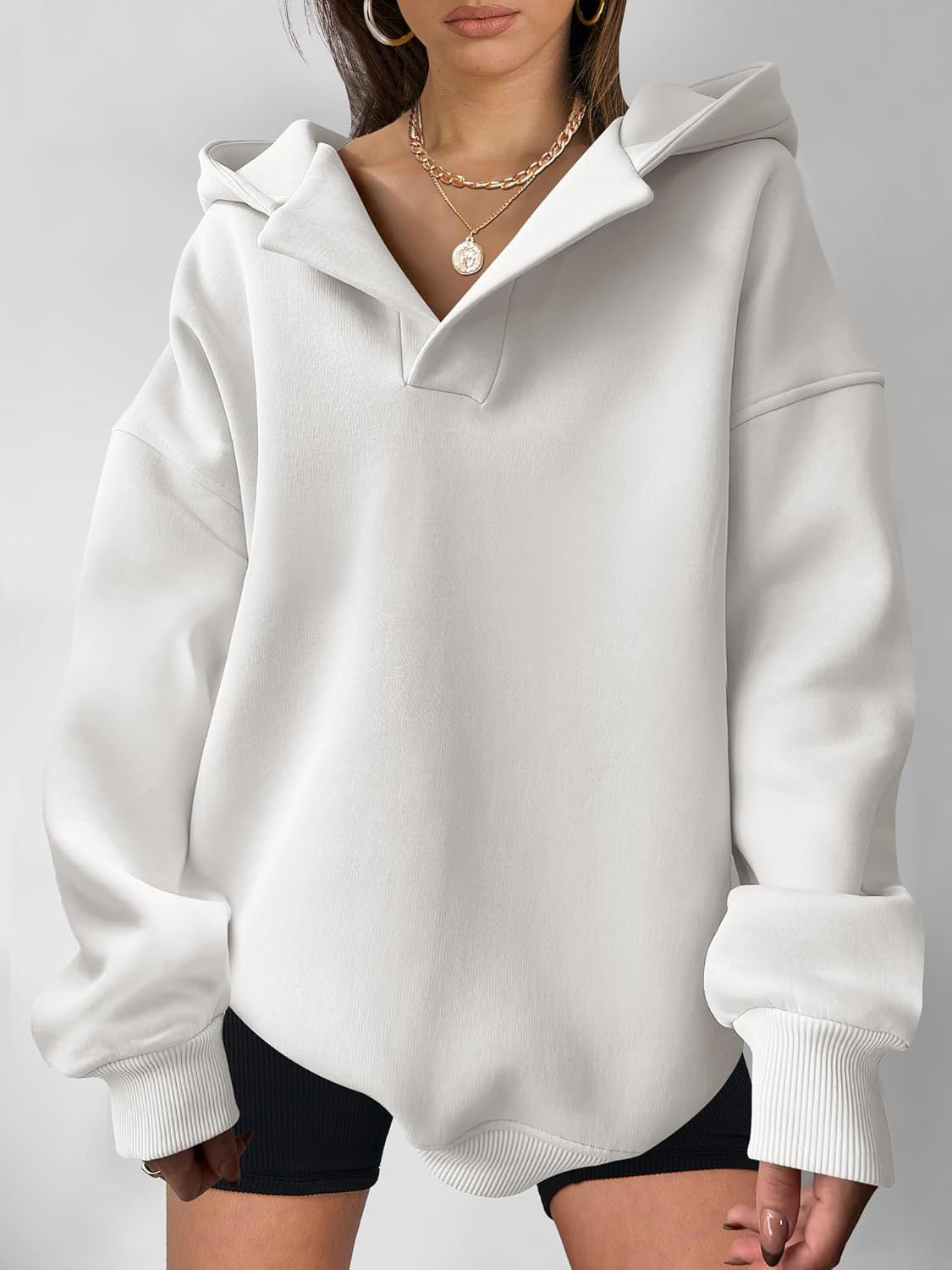 Relaxed Fit Women's V-neck Hooded Sweatshirt