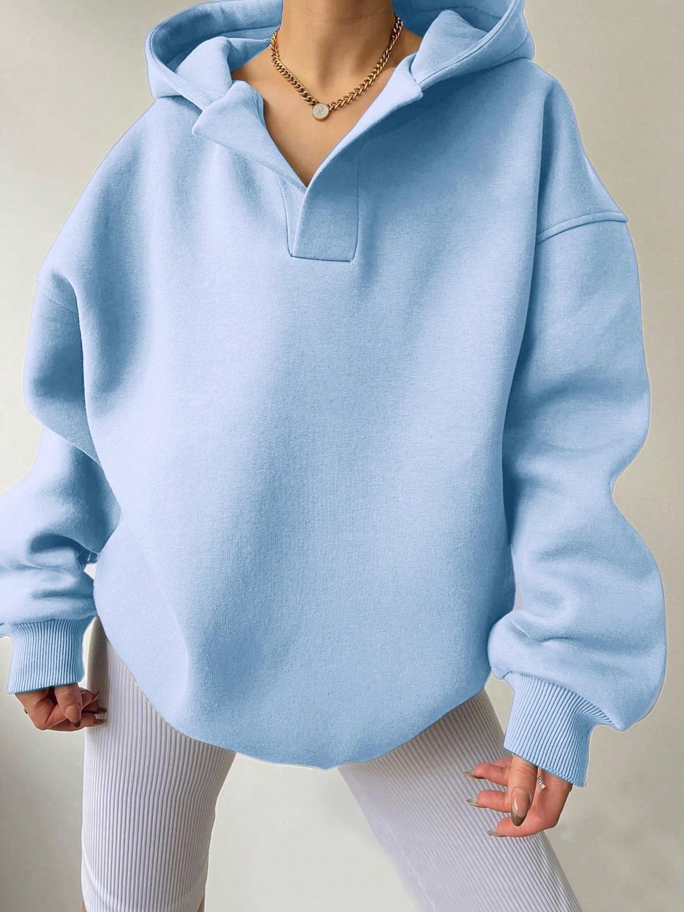 Relaxed Fit Women's V-neck Hooded Sweatshirt