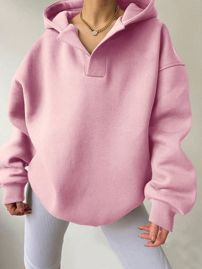 Relaxed Fit Women's V-neck Hooded Sweatshirt