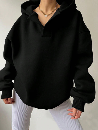 Relaxed Fit Women's V-neck Hooded Sweatshirt