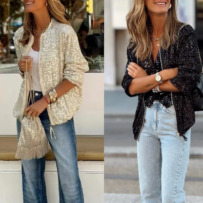 Glitter Sequin Bomber Jacket with Zipper Front