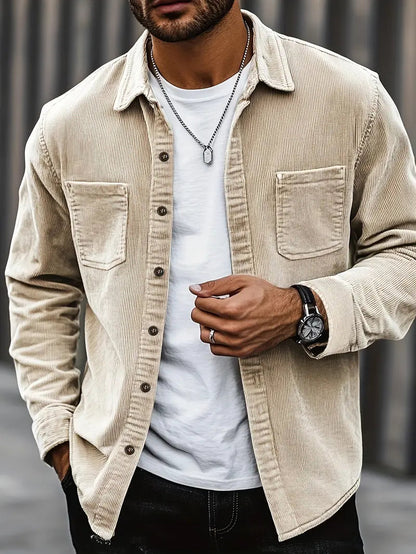 Warm Corduroy Button Front Pocket Jacket - OutfitLondon