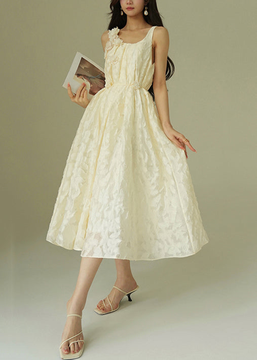 Women's Beige Cotton Sleeveless Evening Dress Floral Jacquard - OutfitLondon