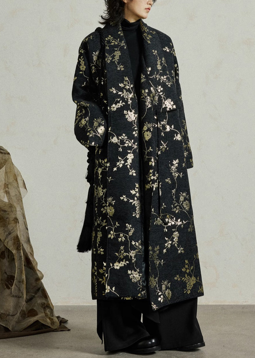 Women's Cotton Long Coat Black Jacquard Drawstring Pockets - OutfitLondon