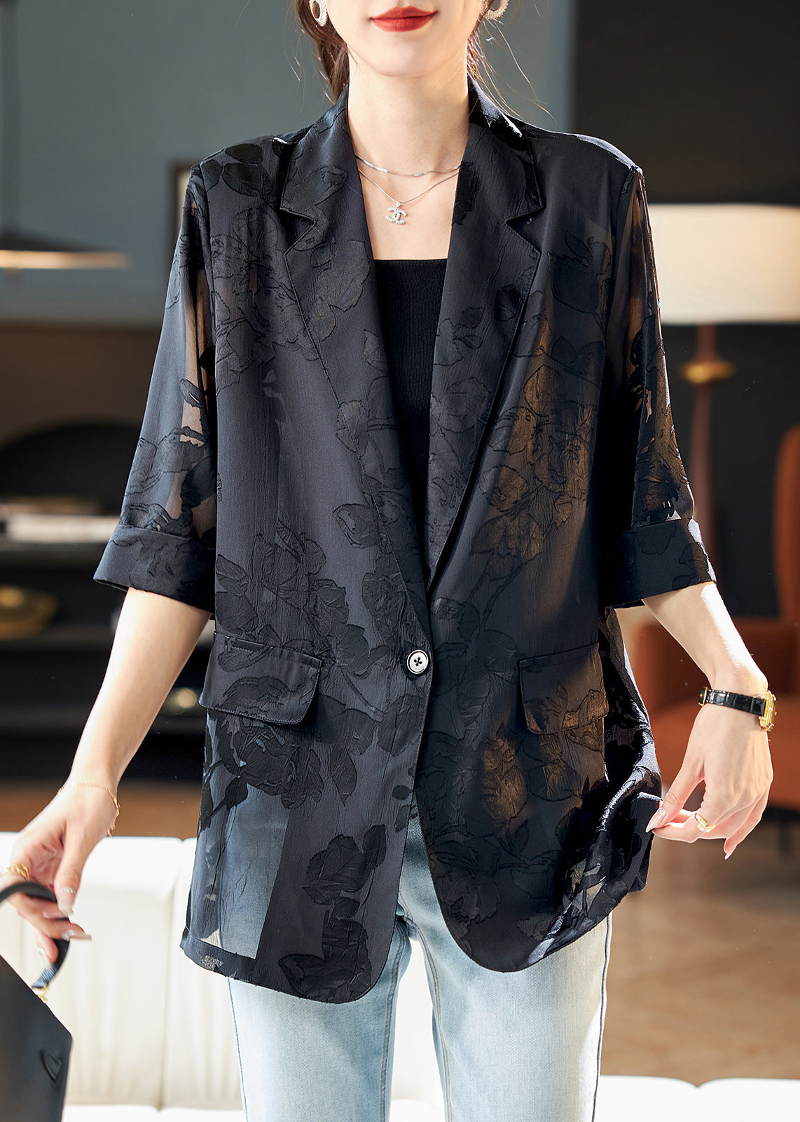Women's Silk Chiffon Coat Half Sleeves Black Buttons Lightweight - OutfitLondon