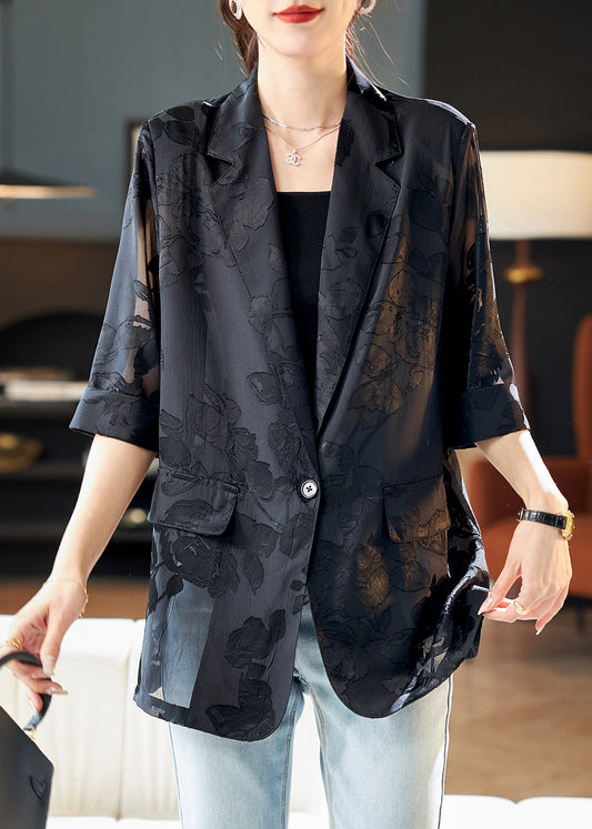 Women's Silk Chiffon Coat Half Sleeves Black Buttons Lightweight - OutfitLondon