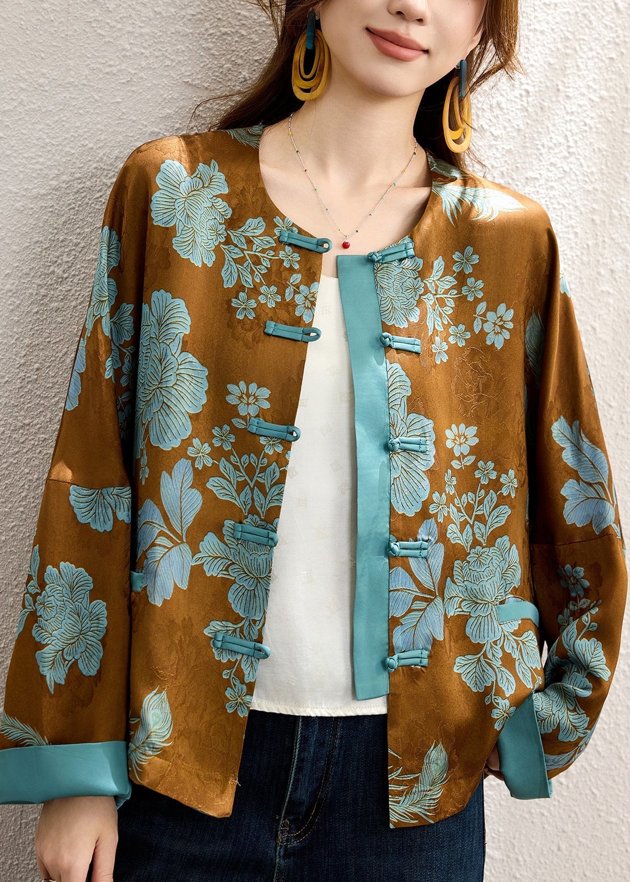 Women's Silk Patchwork Coat Brown Jacquard - OutfitLondon