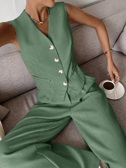 Women's Sleeveless Vest And Wide Leg Pants Set