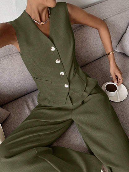 Women's Sleeveless Vest And Wide Leg Pants Set