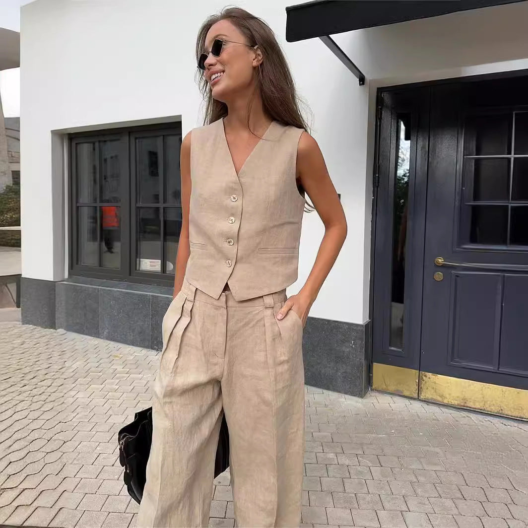 Women's Sleeveless Vest And Wide Leg Pants Set