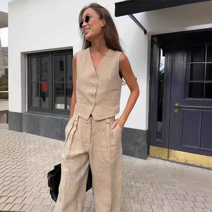 Women's Sleeveless Vest And Wide Leg Pants Set