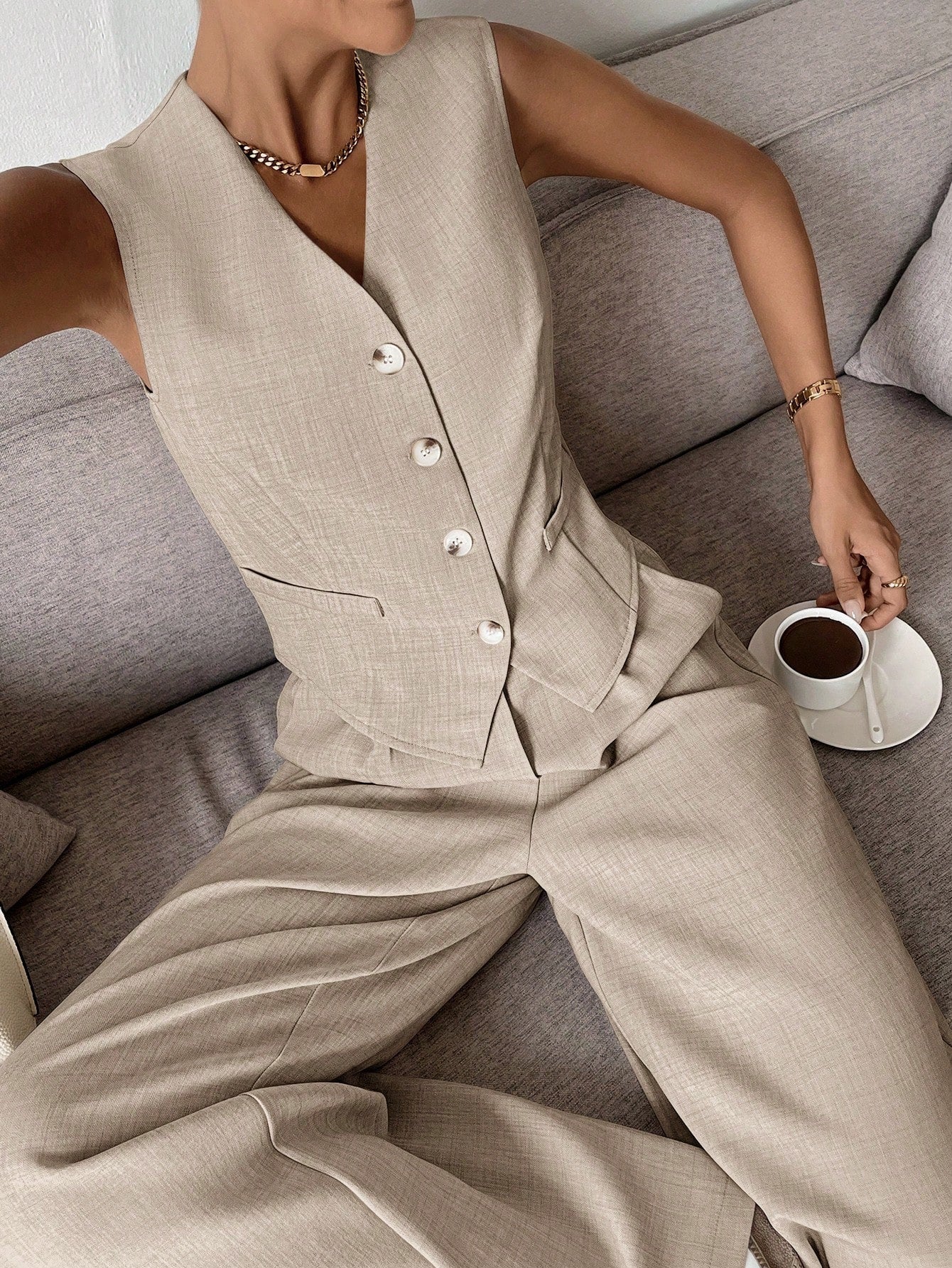 Women's Sleeveless Vest And Wide Leg Pants Set