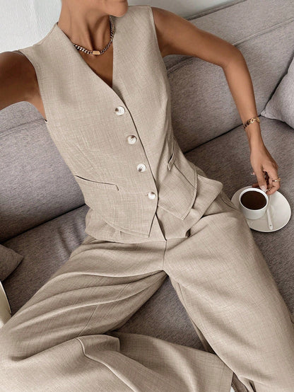 Women's Sleeveless Vest And Wide Leg Pants Set