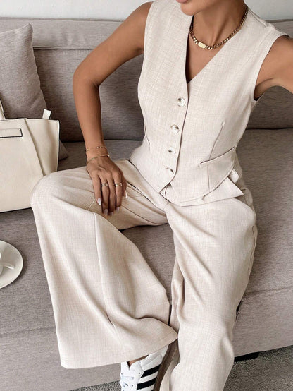 Women's Sleeveless Vest And Wide Leg Pants Set