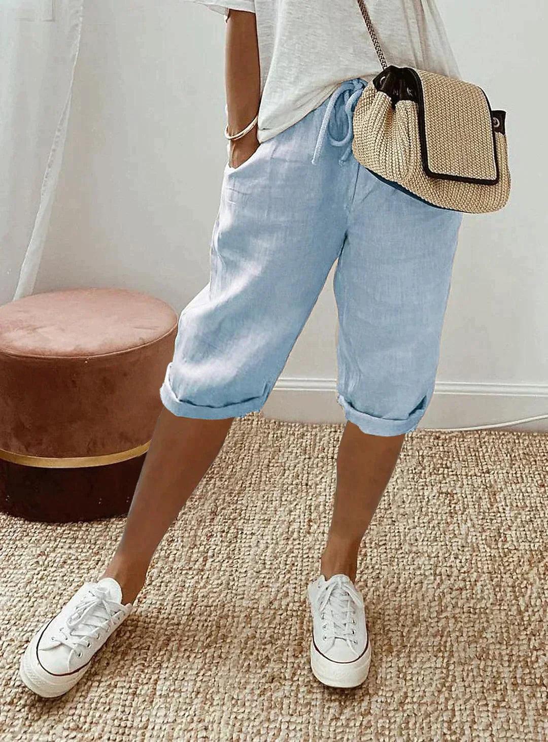 Relaxed Fit Linen Capri Trousers