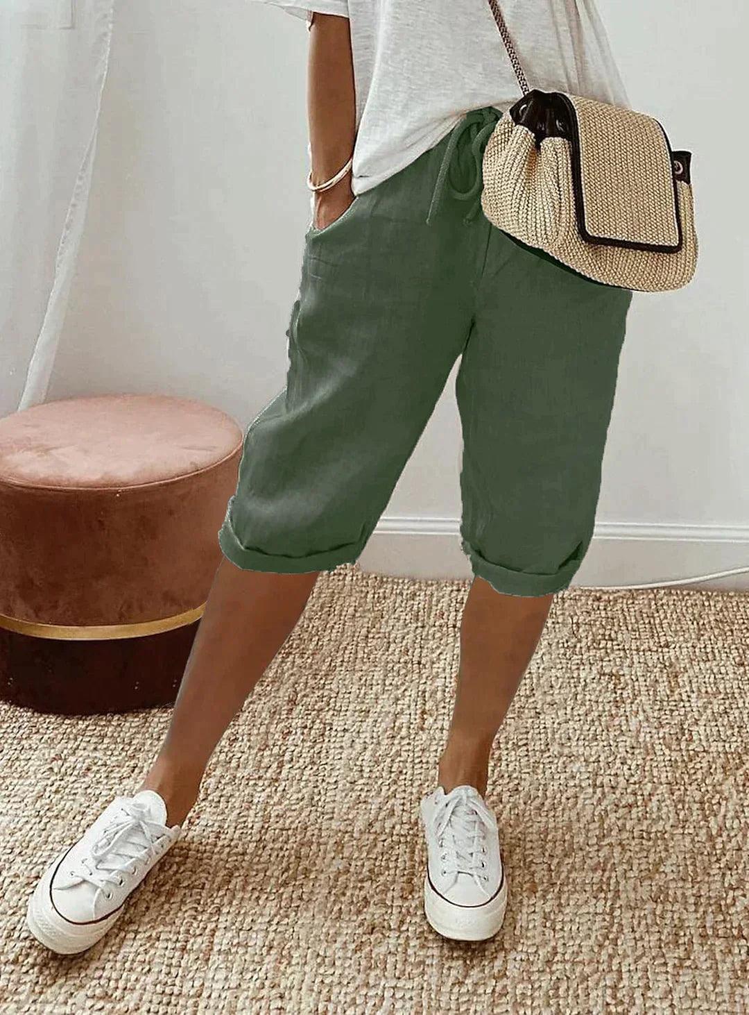Relaxed Fit Linen Capri Trousers