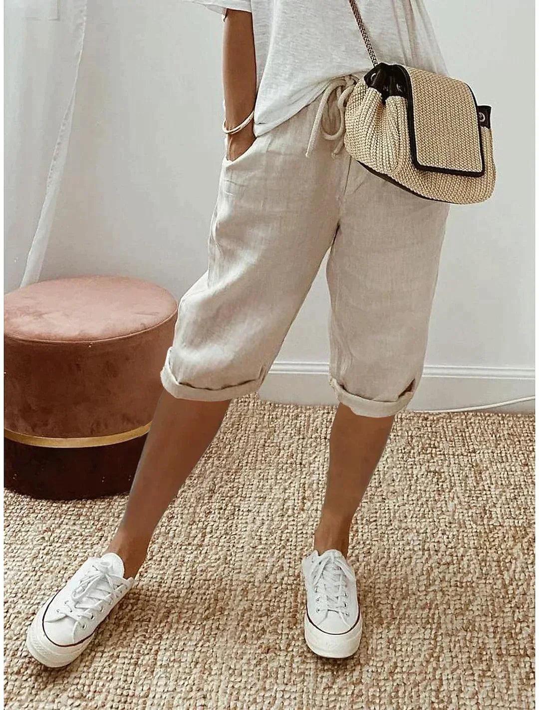 Relaxed Fit Linen Capri Trousers - OutfitLondon