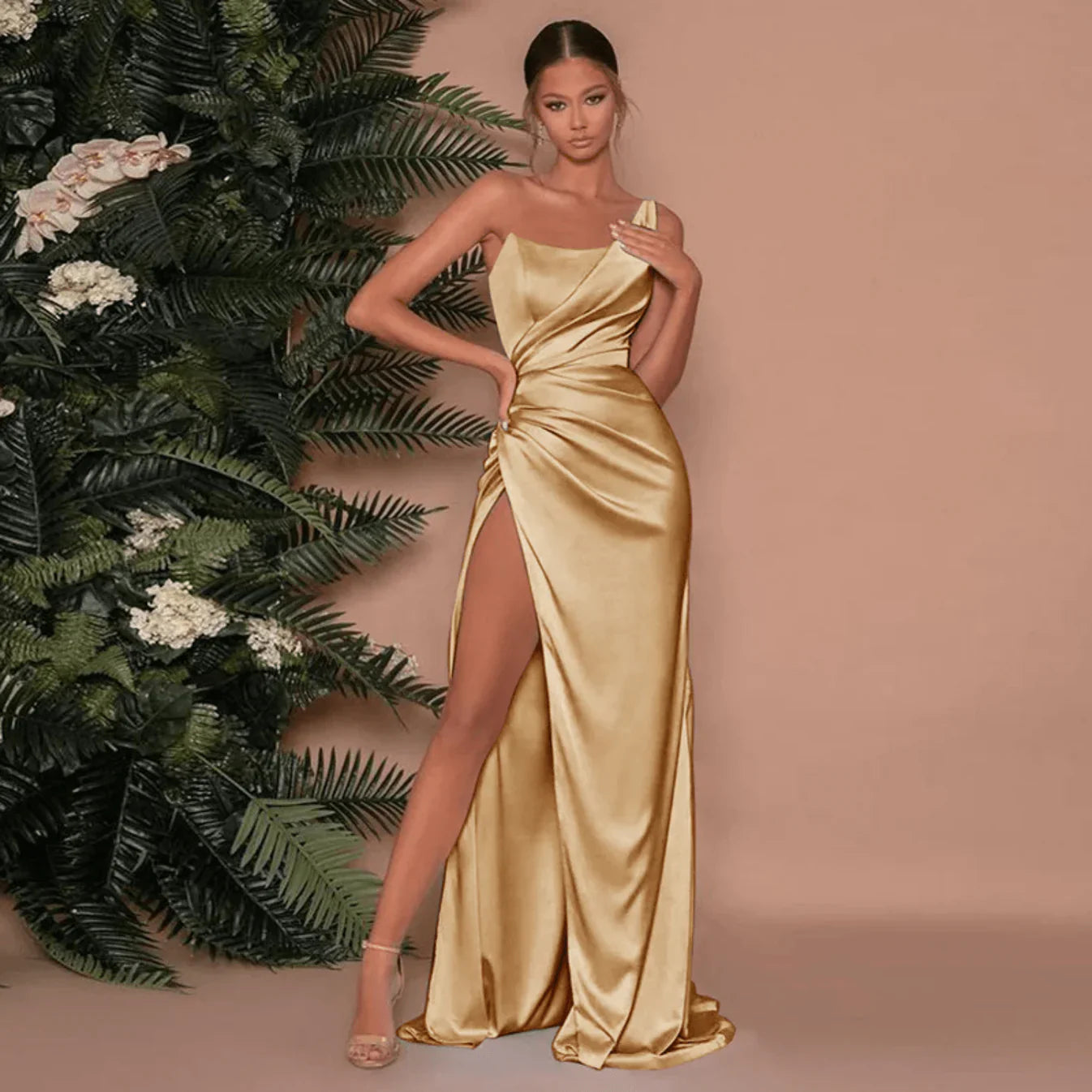 Chic Satin Evening Gown One Shoulder Maxi Dress