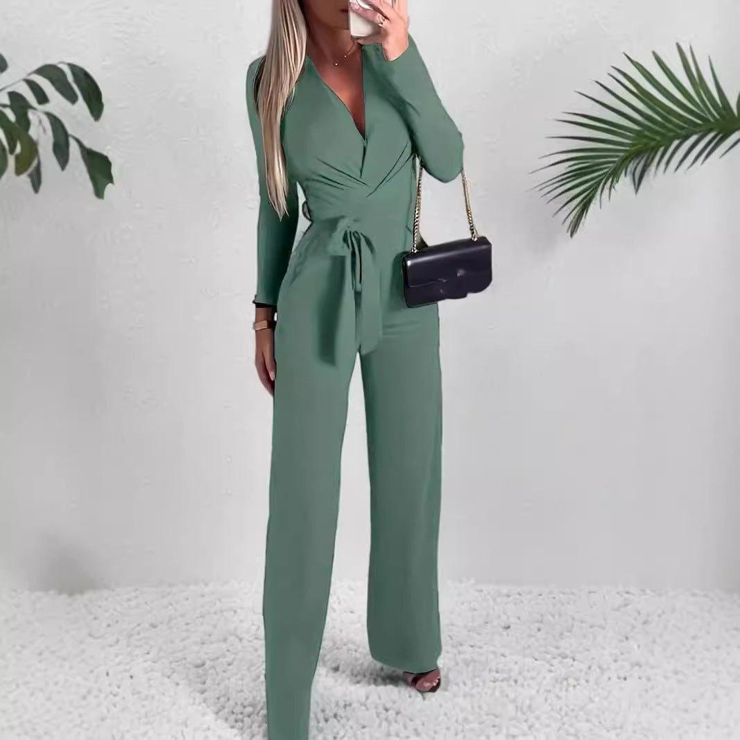 Women's Wide Leg Jumpsuit V Neck Wrap Style - OutfitLondon