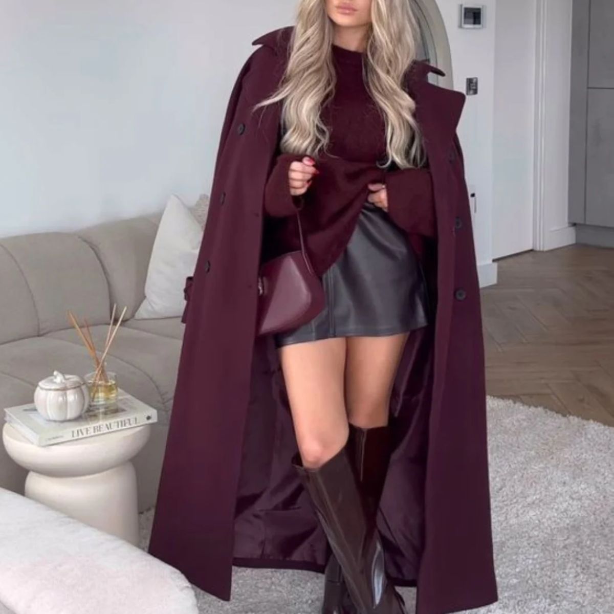 Women's Bordeaux Trench Coat with Belt