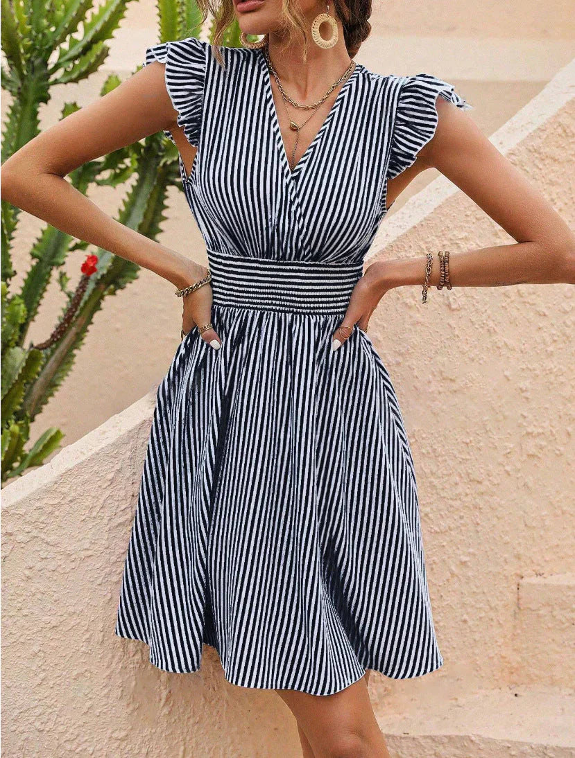 Chic Stripe Ruffle Sleeve Dress - OutfitLondon