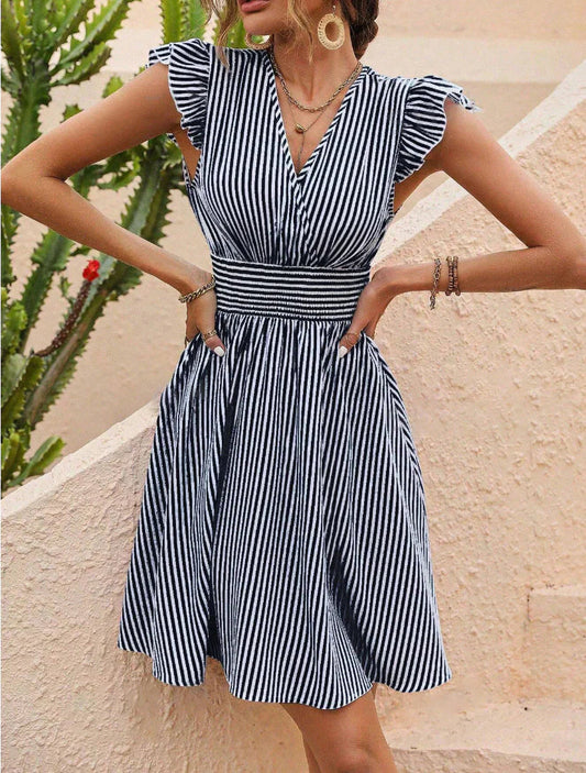 Chic Stripe Ruffle Sleeve Dress - OutfitLondon