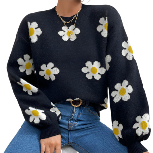 Relaxed Fit Floral Knit Women's Sweater - OutfitLondon