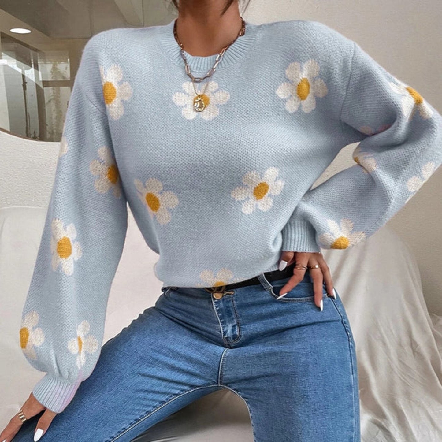 Relaxed Fit Floral Knit Women's Sweater