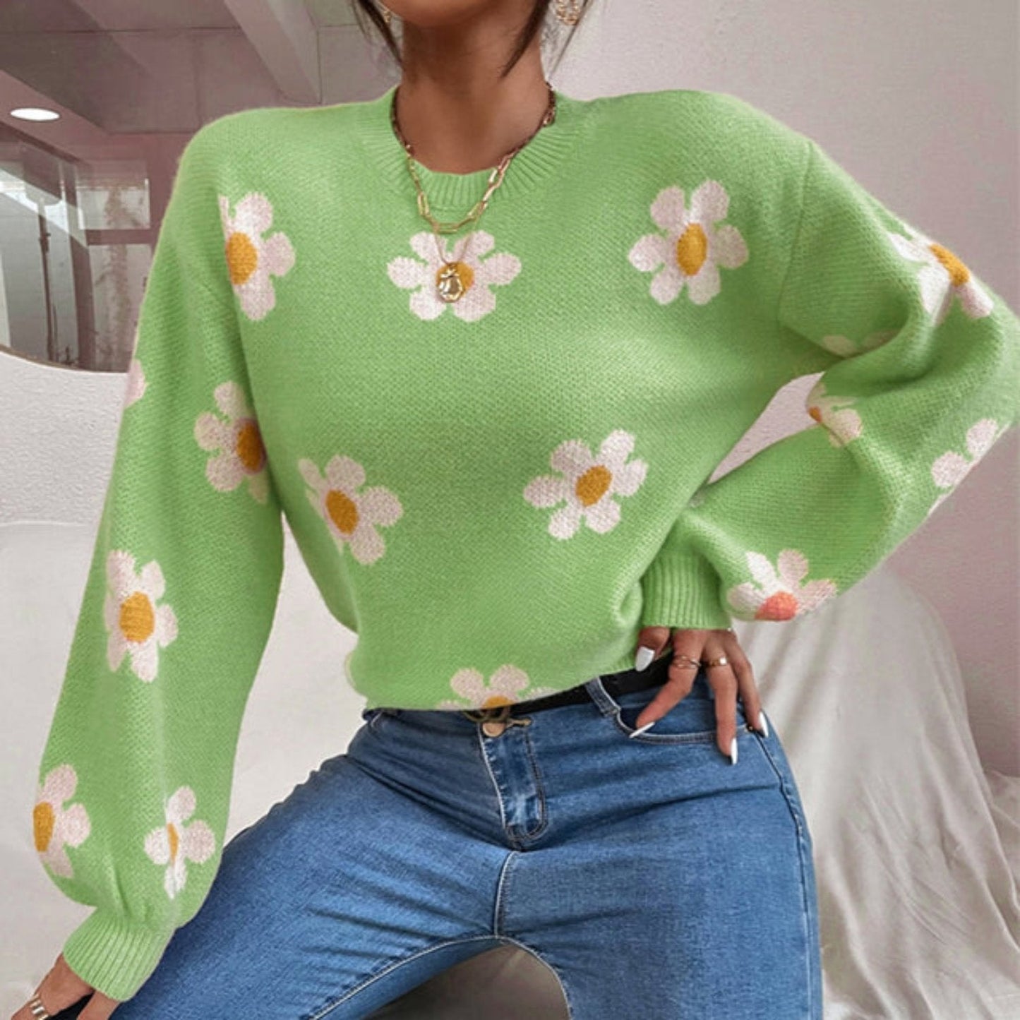 Relaxed Fit Floral Knit Women's Sweater