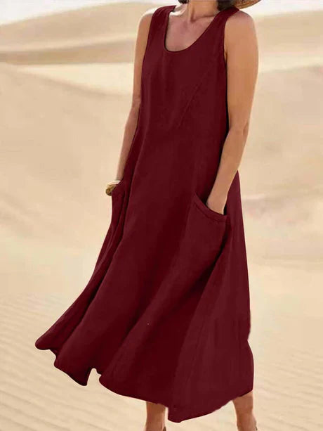 Chic Sleeveless Summer Dress in Cotton Linen - OutfitLondon