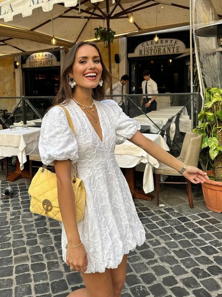 Kalia Dress | V-Neck Embroidered Puff Sleeve Dress