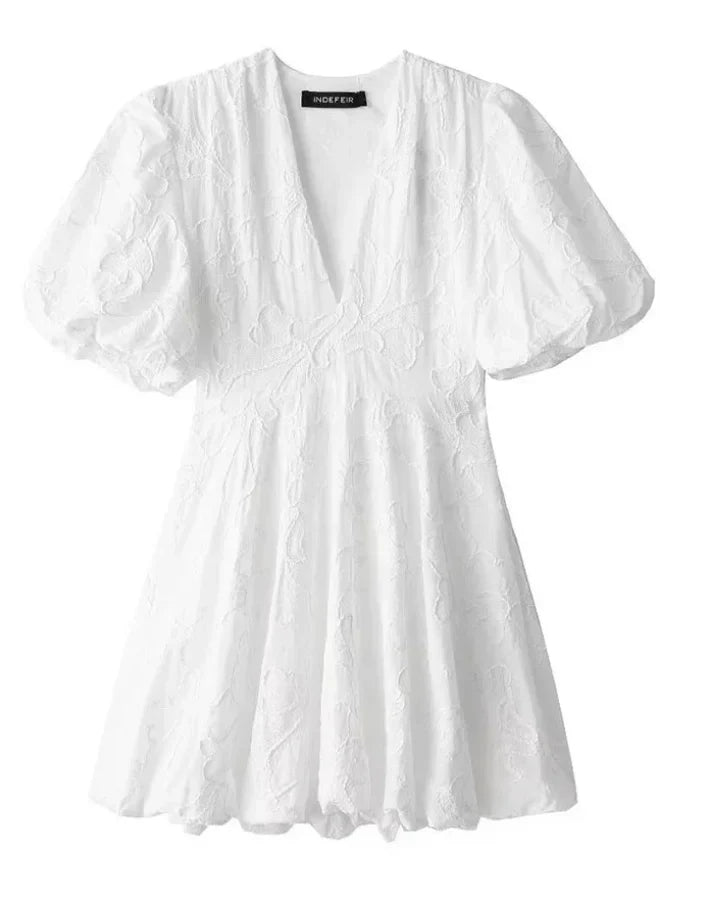 Kalia Dress | V-Neck Embroidered Puff Sleeve Dress