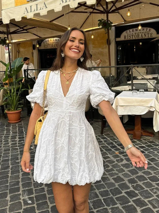 Chic Embroidered V Neck Puff Sleeve Mini Dress - OutfitLondon