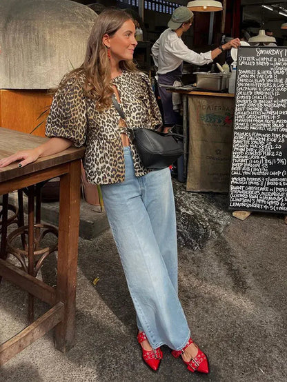Casual Tie Front Puff Sleeve Cotton Blouse