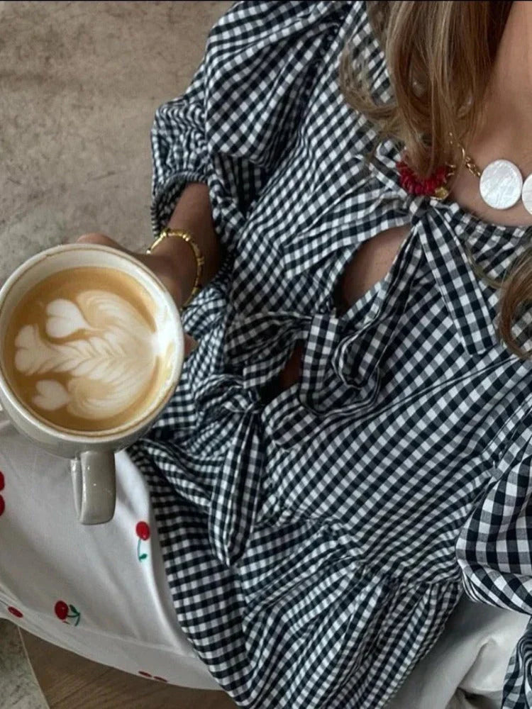 Casual Tie Front Puff Sleeve Cotton Blouse