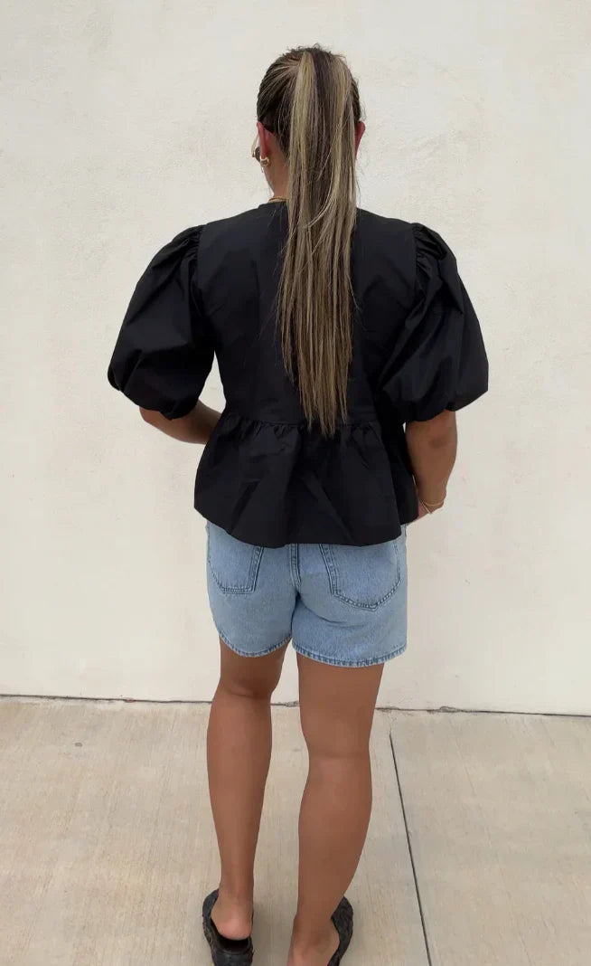 Casual Tie Front Puff Sleeve Cotton Blouse