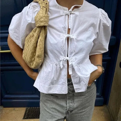 Karleen Blouse | Tie-Front Puff Sleeve Cotton Top