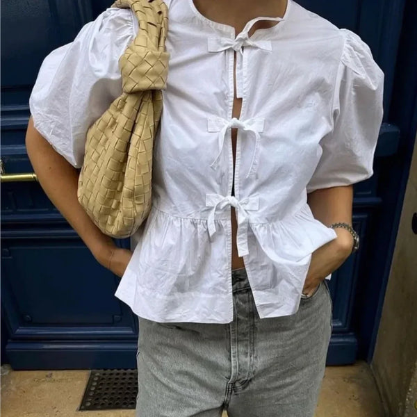 Casual Tie Front Puff Sleeve Cotton Blouse