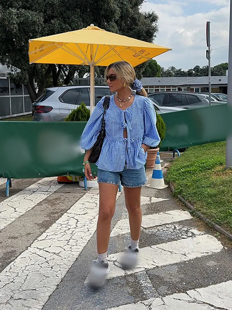 Casual Tie Front Puff Sleeve Cotton Blouse