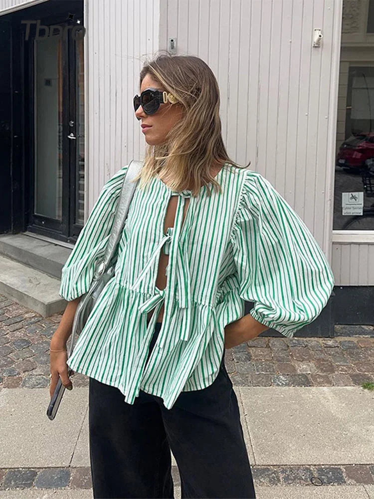 Casual Tie Front Puff Sleeve Cotton Blouse