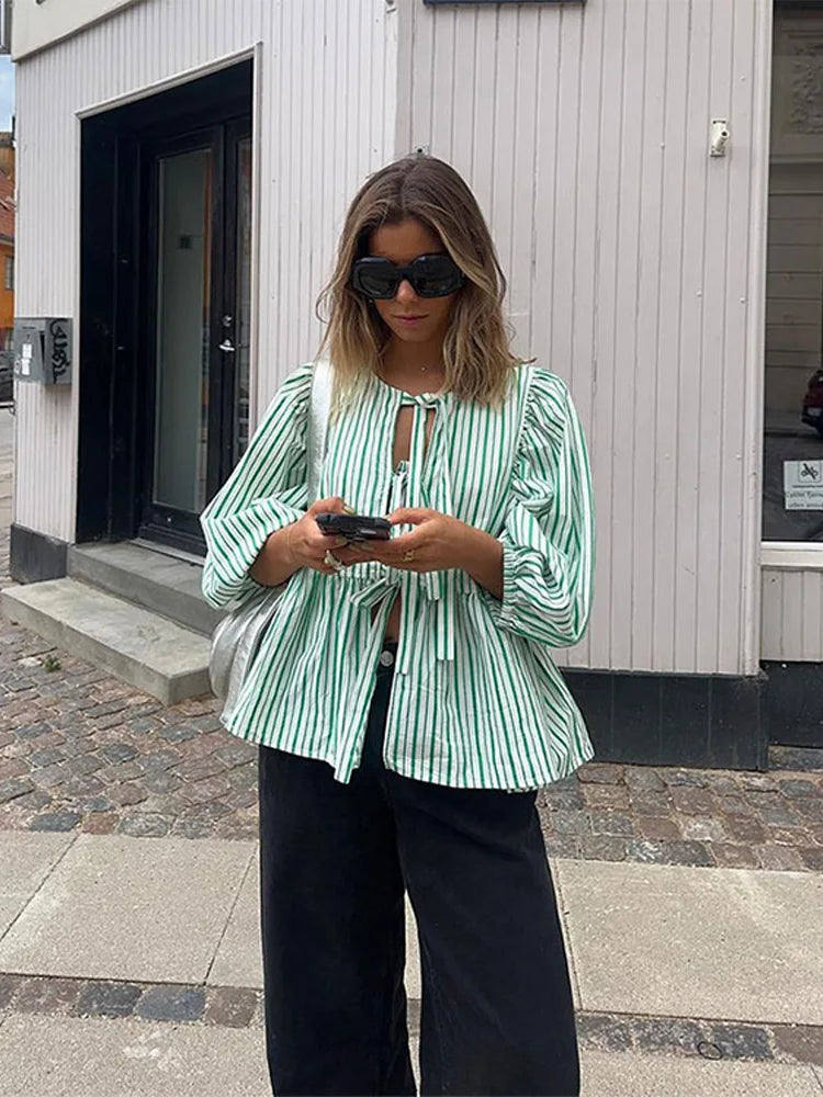 Casual Tie Front Puff Sleeve Cotton Blouse