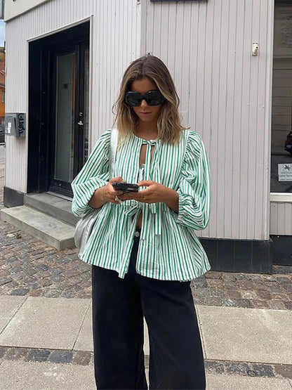 Casual Tie Front Puff Sleeve Cotton Blouse