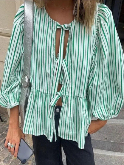 Casual Tie Front Puff Sleeve Cotton Blouse