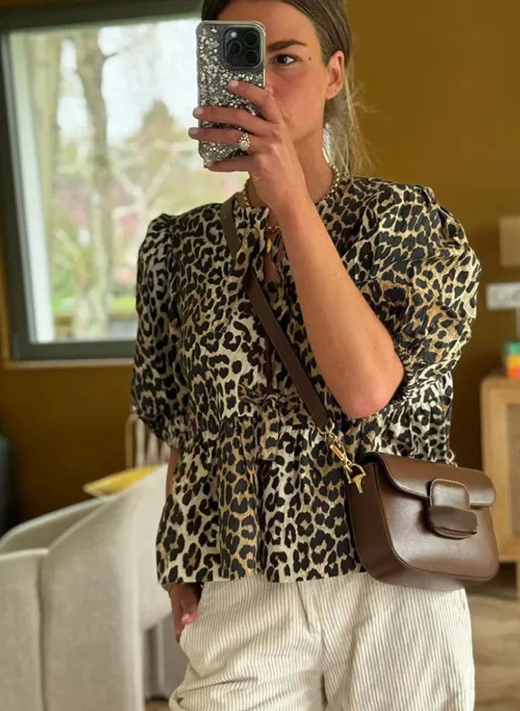 Casual Tie Front Puff Sleeve Cotton Blouse