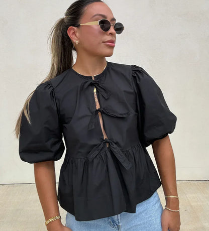 Casual Tie Front Puff Sleeve Cotton Blouse - OutfitLondon