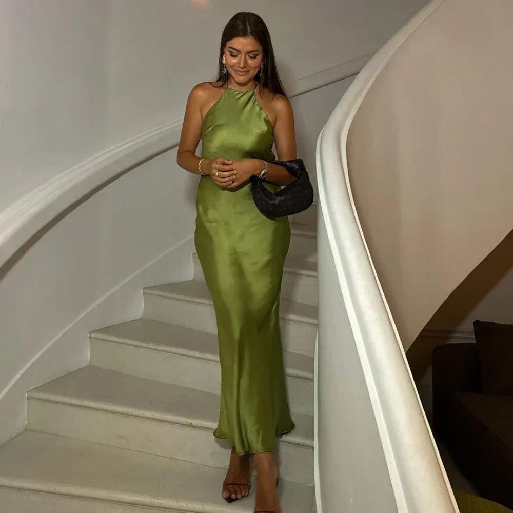 Elegant Satin Halter Maxi Evening Dress - OutfitLondon
