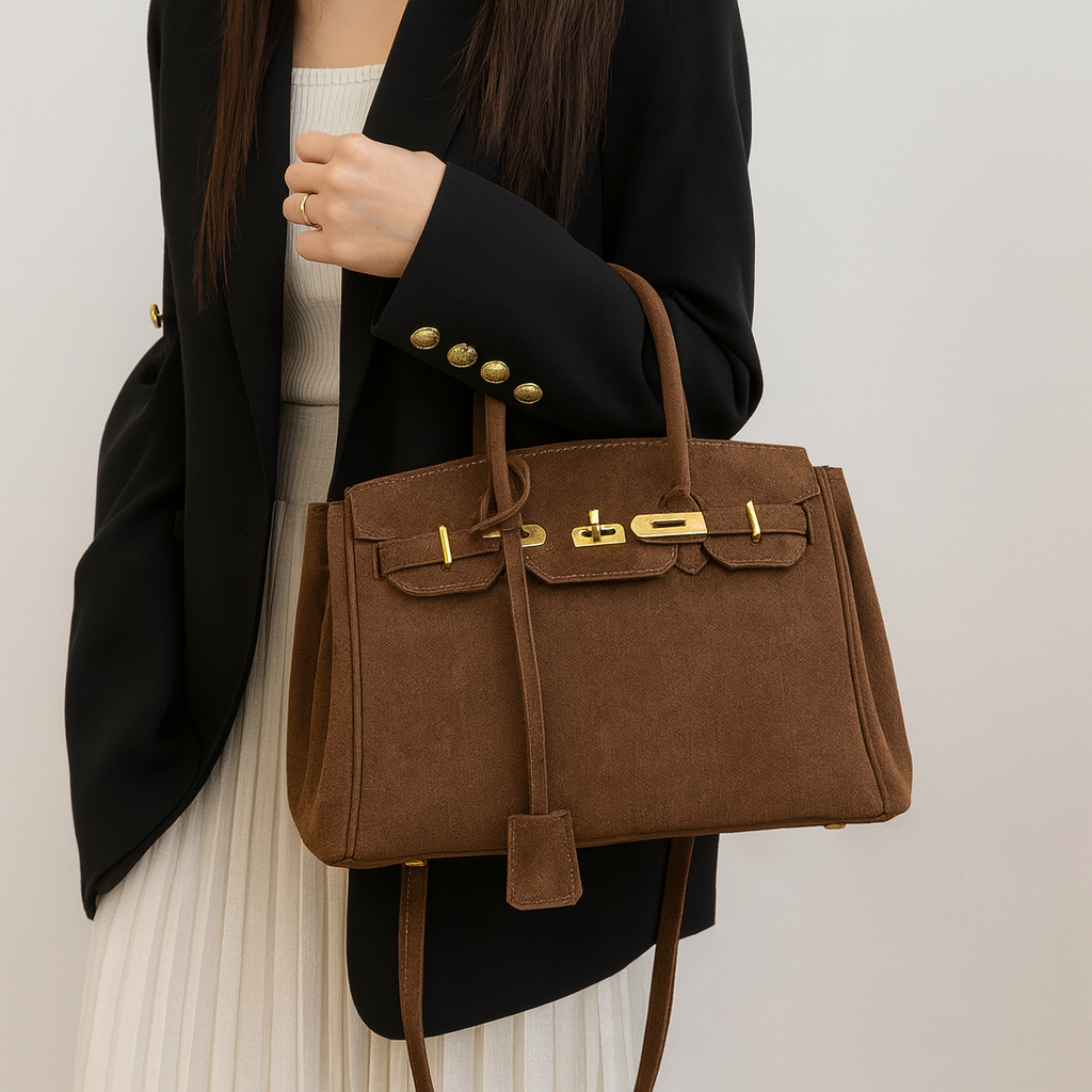 Luxury Suede Shoulder Handbag with Gold Accents