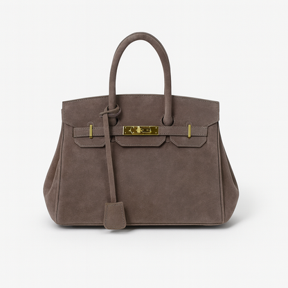 Luxury Suede Shoulder Handbag with Gold Accents - OutfitLondon