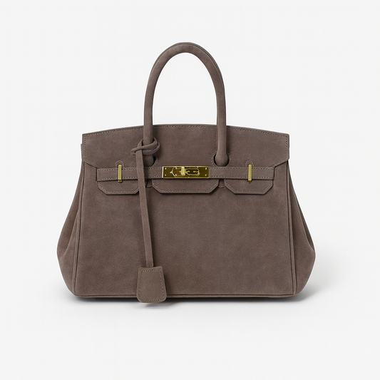 Luxury Suede Shoulder Handbag with Gold Accents - OutfitLondon
